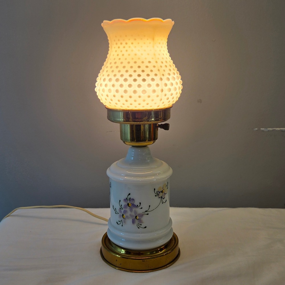 Vtg Milk Glass Hobnail Tulip Hurricane Lamp Hand Painted Floral Brass Base 12in - Picture 2 of 11
